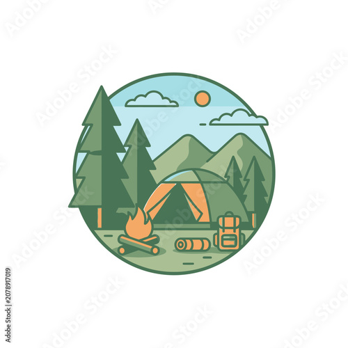 Outdoor camping badge with tent and mountain landscape.