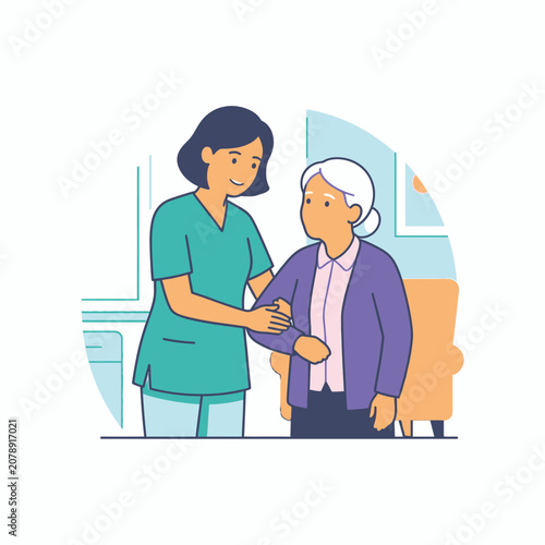 Nurse assisting elderly woman with walking support.