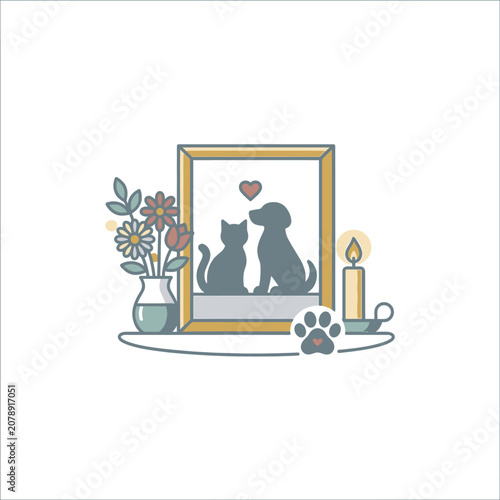 Pet memorial with framed photo, candle, and flowers.