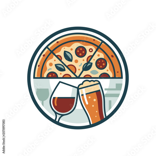 Pizza with wine and beer glasses clinking for toast.