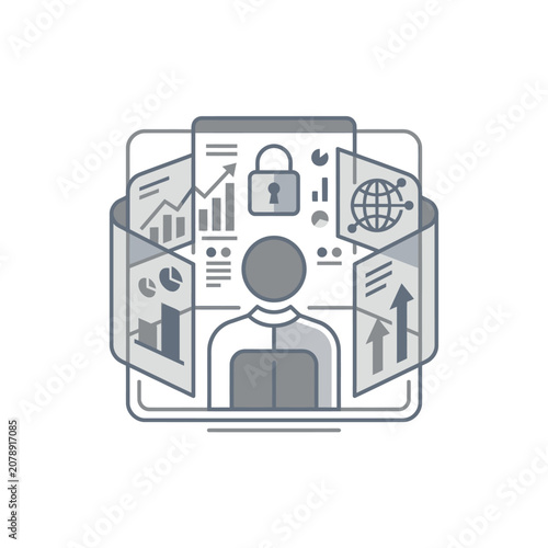 Professional analyst viewing digital business data dashboard interface.