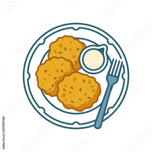 Plate of fried snacks with dipping sauce and fork.