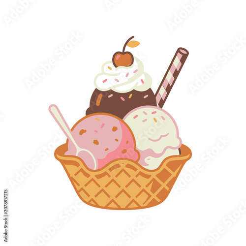 Ice cream sundae in waffle bowl with various toppings.