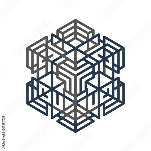 Interlocking geometric 3D cube line art logo design.