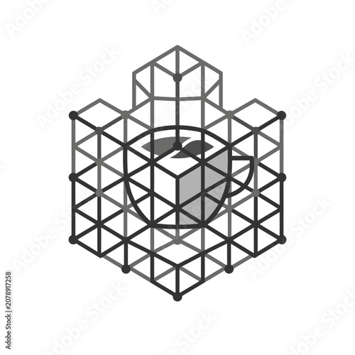 Isometric cube wireframe grid surrounding coffee cup icon.