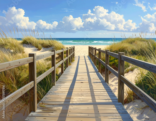 Wooden Boardwalk Leading to a Sandy Beach with Ocean and Sky.
