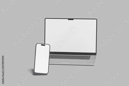 Realistic Smartphone with Laptop Screen Blank Mockup