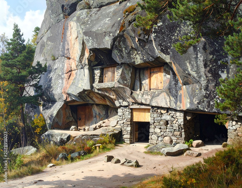 Ancient Stone Dwelling Carved into a Rocky Cliffside.