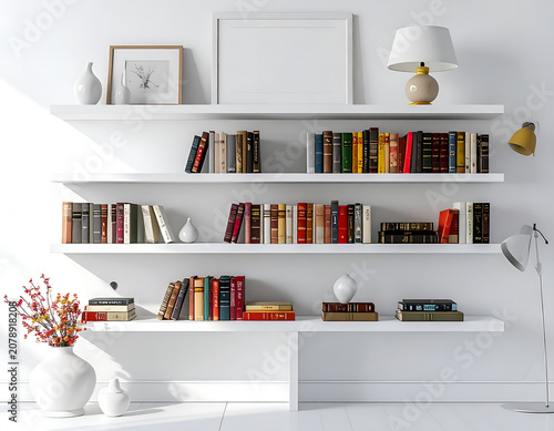 Modern White Bookshelves Filled with Colorful Books and Decorative Items.