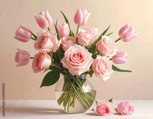 Elegant Bouquet of Pink Roses and Tulips in a Glass Vase.