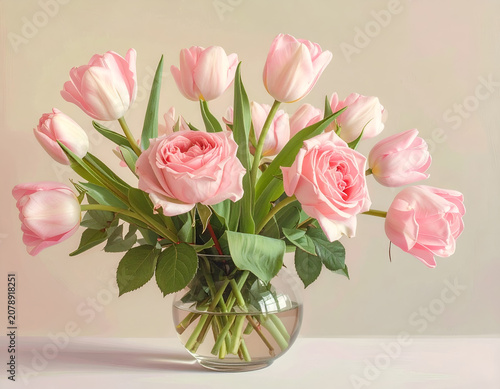 Beautiful Bouquet of Pink Roses and Tulips in a Glass Vase.