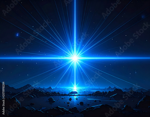 Vibrant Blue Starburst Illuminates Dark Cosmic Landscape Over Reflective Water.