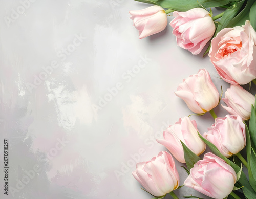 Soft Pink Tulips Border on Textured Gray Background.
