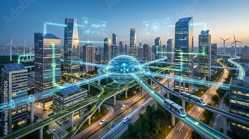 Futuristic city skyline with interconnected digital network and sustainable energy sources