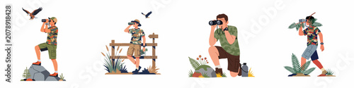 Set of illustrations featuring birdwatchers and outdoor explorers in camouflage clothing using binoculars to observe wildlife in nature.