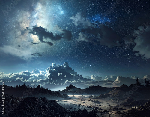 Dramatic Night Sky Over Rugged Mountain Landscape.