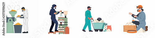 Tableau sur toile Set of industrial workers in protective gear processing minerals, handling raw materials, and operating machinery in a mining or chemical facility