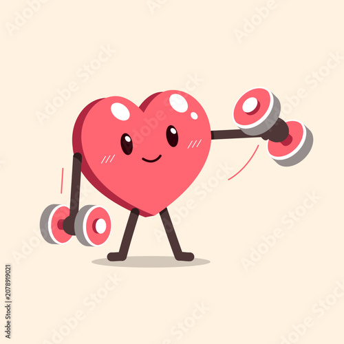 Cute heart character lifting a heavy barbell cartoon vector illustration