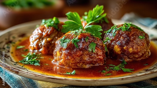 Hearty plate of Spanish albondigas meatballs simmered in rich tomato sauce with fresh parsley garnish, served as a flavorful homemade tapas style dinner with Mediterranean comfort food appeal.