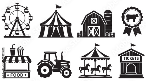 Foto County Fair Icons silhouette, fairground attraction set, vector isolated on whit