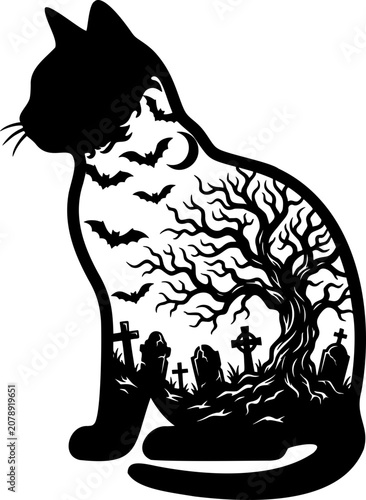 Black cat silhouette featuring a spooky Halloween graveyard scene with bats and a dead tree.