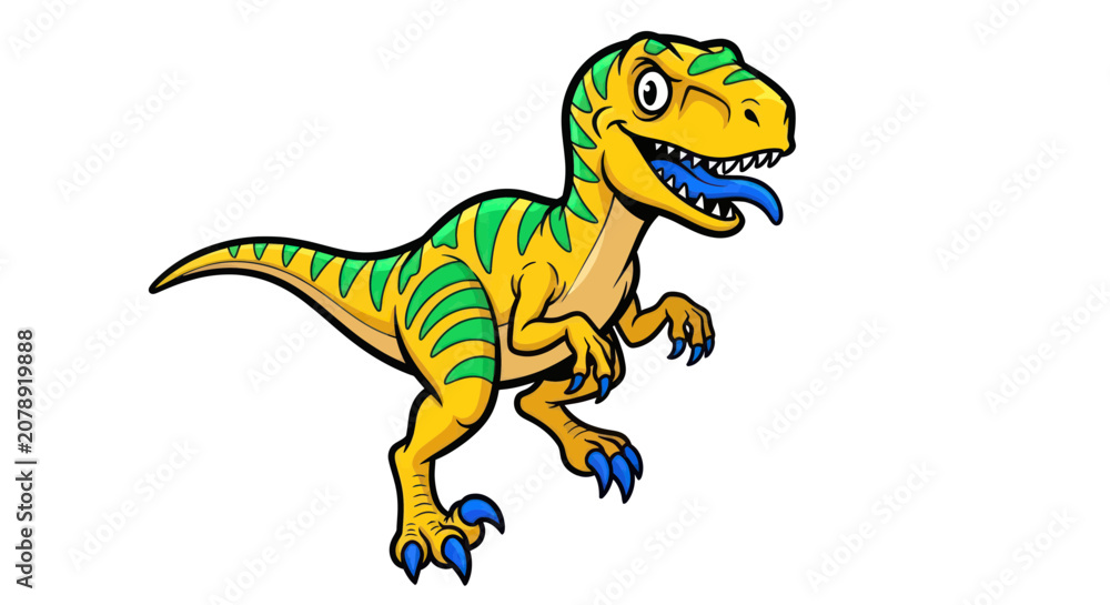 Fototapeta premium Vibrant cartoon dinosaur with green stripes and blue tongue