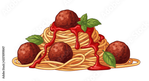 Foto Delicious spaghetti and meatballs with tomato sauce and basil