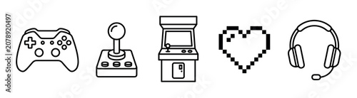 Gaming controller joystick arcade machine pixel heart headphones line art icons representing various aspects of video game culture and entertainment.