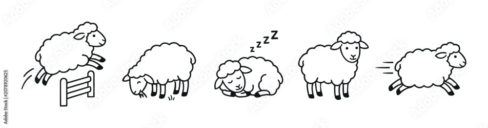 Fototapeta premium Cute cartoon sheep illustrations depicting various farm animal activities like jumping, grazing, sleeping, standing, and running in a simple line art style.