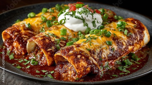 Plate of enchiladas with rich red sauce, melted cheese, and garnished with sour cream and green onions, detailed and delicious 