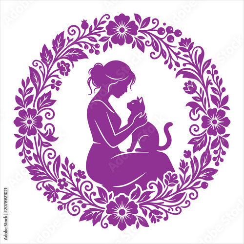 Woman And Cat Floral Frame SVG