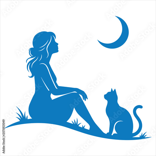 Woman And Cat Looking At Moon SVG