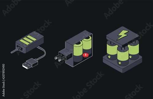 Isometric Battery Charging Equipment and Portable Power Bank Icon Set for Technology and Energy Concepts