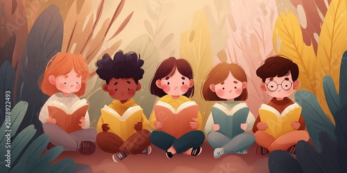 Five diverse children reading books together in a lush leafy setting