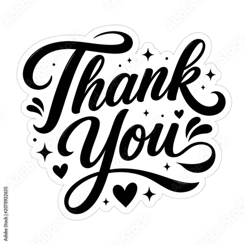 Elegant Black Thank You Hand Lettering Sticker with Decorative Hearts and Sparkles on White Background. 