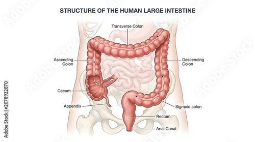 Bild auf Leinwand Anatomy of the human large intestine structure with internal digestive labels