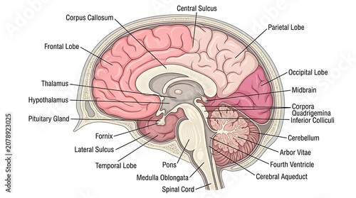 Educational anatomical illustration of human brain cross section with neurology