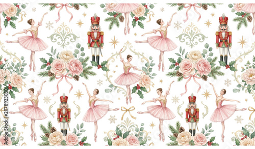 Foto Watercolor Nutcracker and Ballerina Seamless Pattern