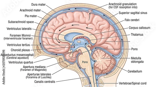 Cross section anatomy diagram of human brain structure and parts with neurology