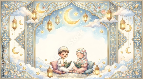 A beautiful watercolor illustration of a Muslim boy and girl reading the Quran together, surrounded by a decorative floral frame, glowing lanterns, and clouds.
