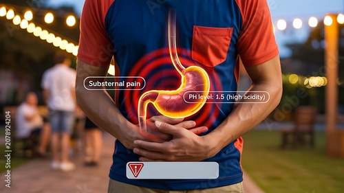 Stomach ulcer and digestive pain concept with gastrointestinal anatomy