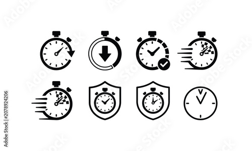 Set of stopwatch timer clock icons for time management usage.