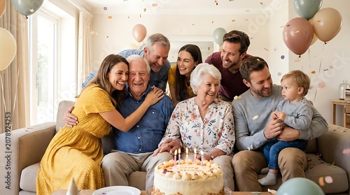 Generations celebrate together with birthday cake and balloons indoors