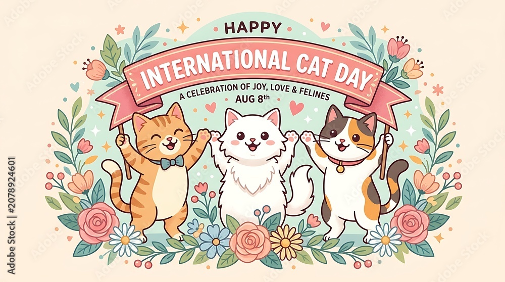 Fototapeta premium Happy international cat day celebration card with three cute kittens and flowers