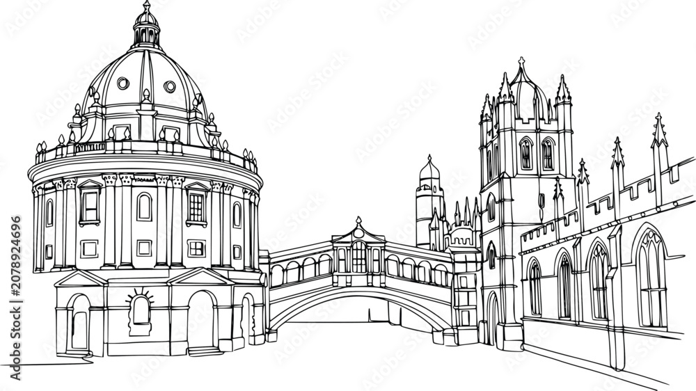 Obraz premium Oxford University Landmark Continuous Line Art Vector