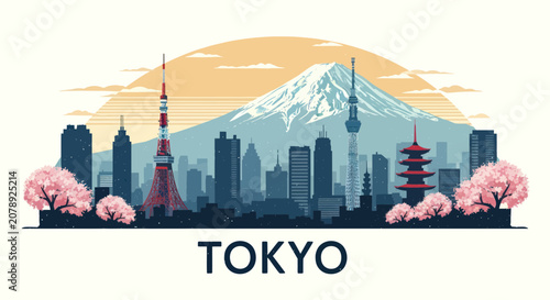 Tokyo skyline panorama featuring mount fuji and cherry blossoms