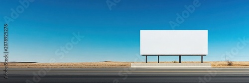 Blank white billboard by a highway under a clear blue sky, ideal for custom advertising messages