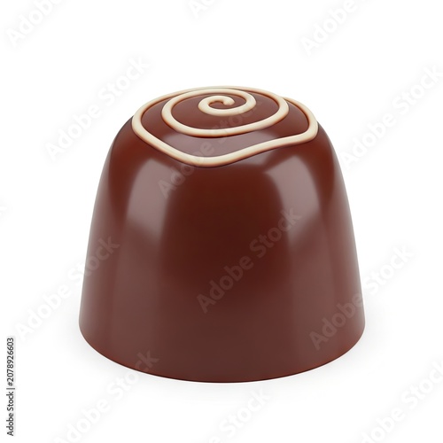 Single gourmet chocolate truffle with elegant white swirl isolated on white background.