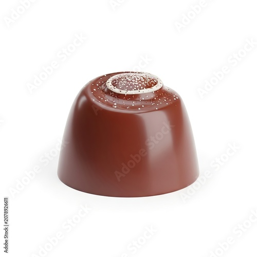 Single gourmet chocolate praline with a shiny brown shell and decorative top on a white background.