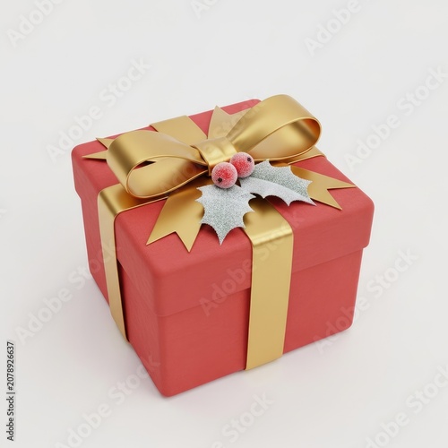 Red Christmas Gift Box with Gold Ribbon and Holly Decoration.